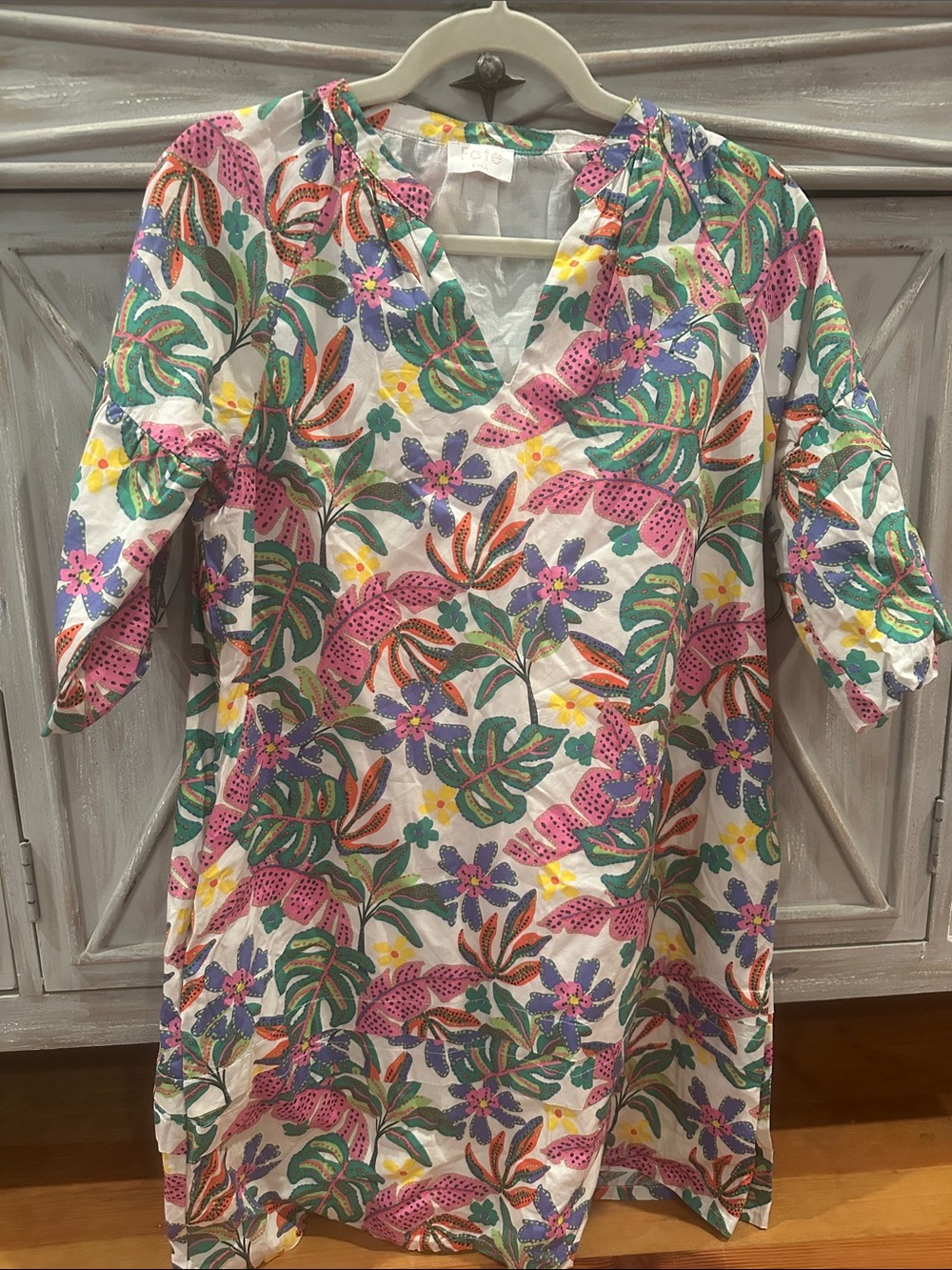 Fate Floral V-Neck Tunic Dress in White, Pink, Green, Purple